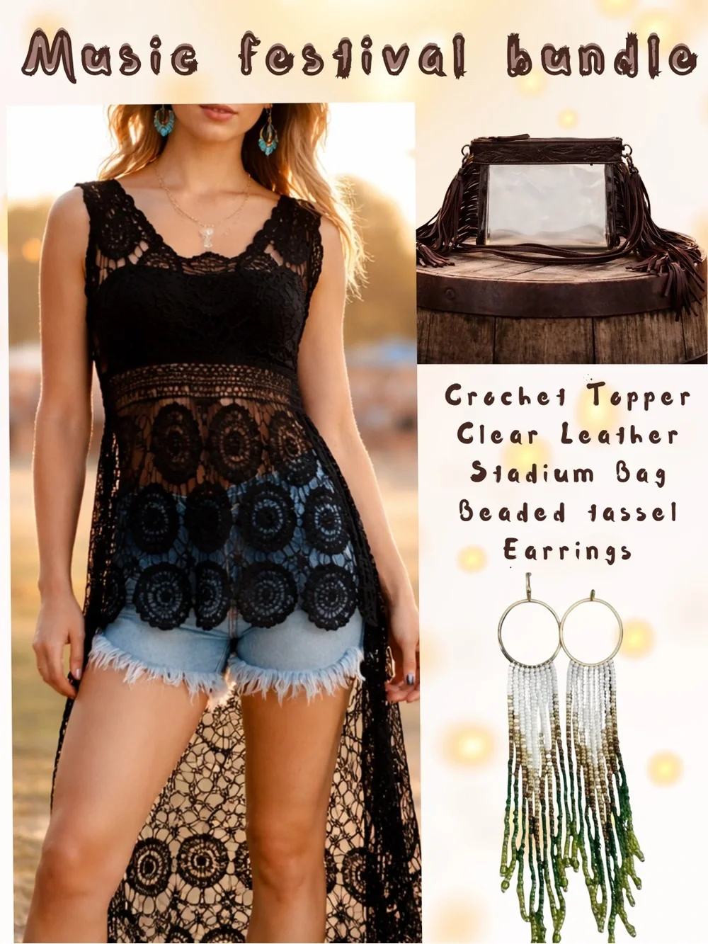Black Crochet Floral Cover Up Swim Tunic Boho Western Beach Festival Top